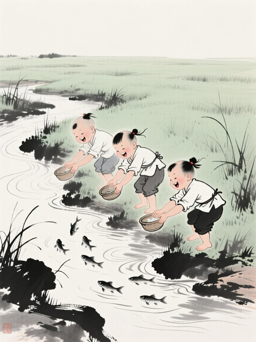 Children play beside a shallow stream, chasing small fish with cupped hands, as laughter echoes across the open field.