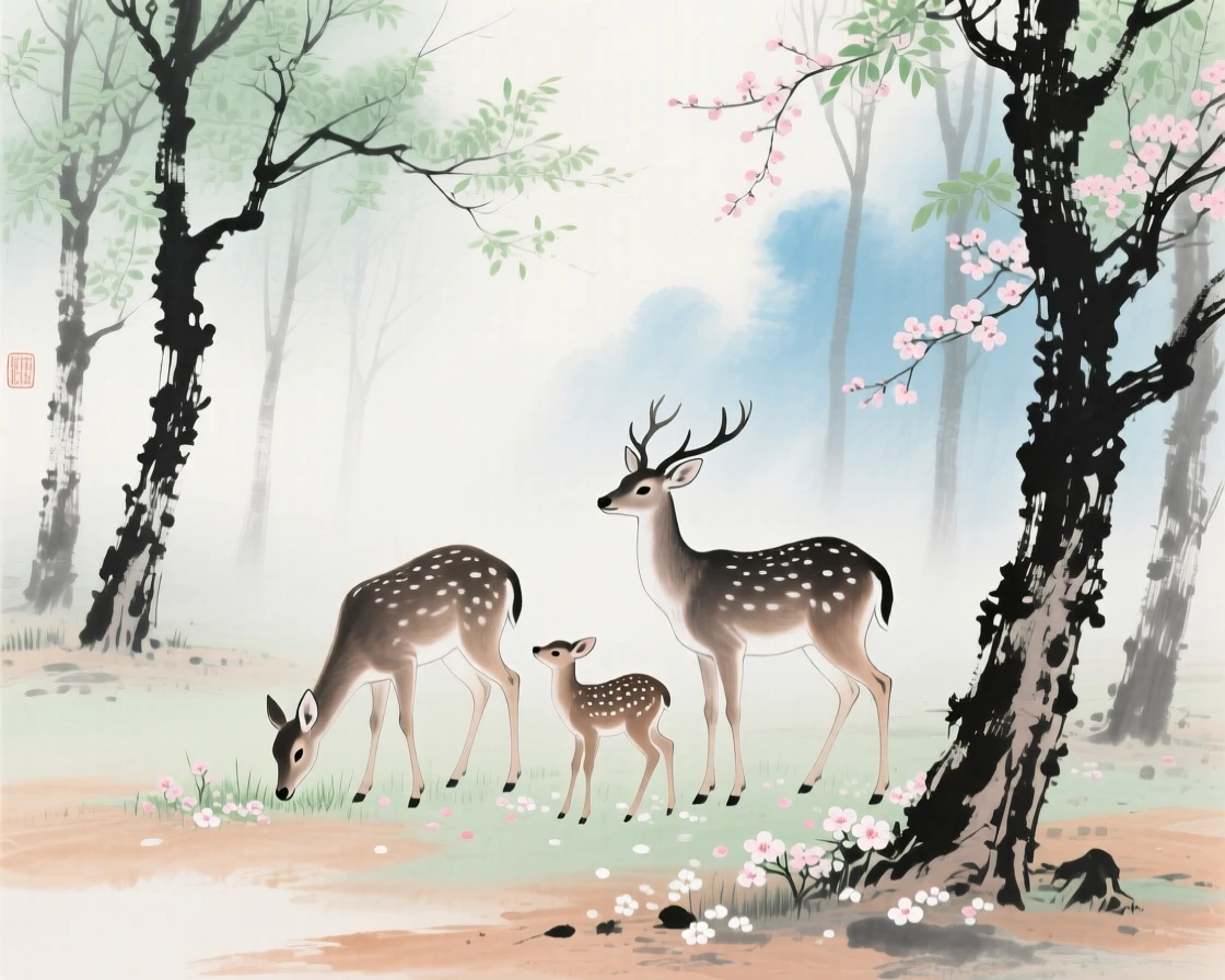 A family of deer grazing quietly in a misty forest clearing, as spring blossoms unfold.