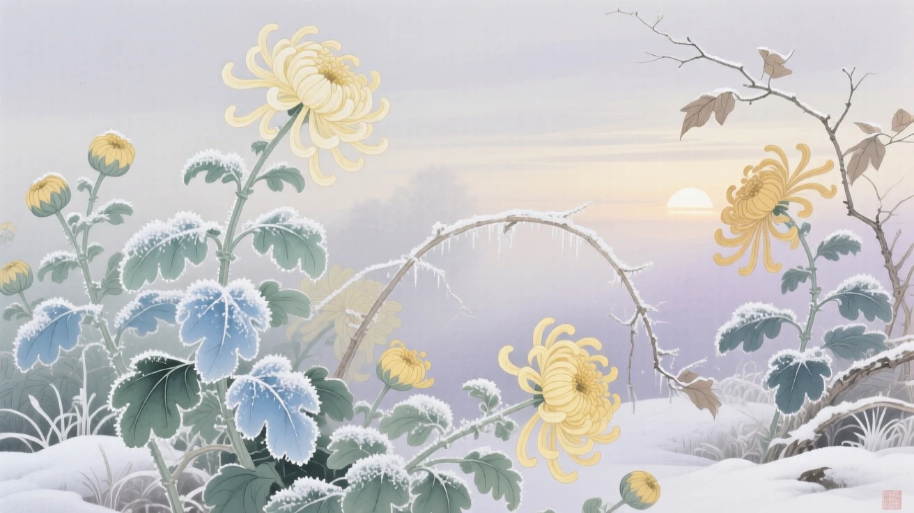 A frost-covered chrysanthemum garden at first light in early winter