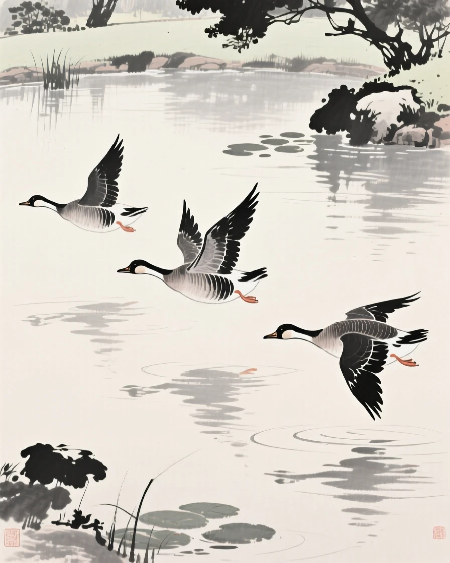 A formation of geese gliding low across the water's surface over a tranquil garden pond, seen up close with delicate feather detail, carrying a quiet, poetic stillness.