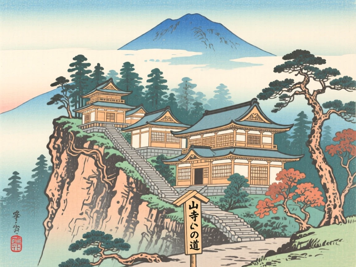 A cliffside mountain monastery climbing through a forest toward the summit.