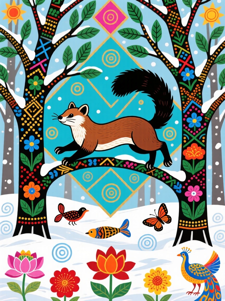 A pine marten leaping between branches in a snowy forest.