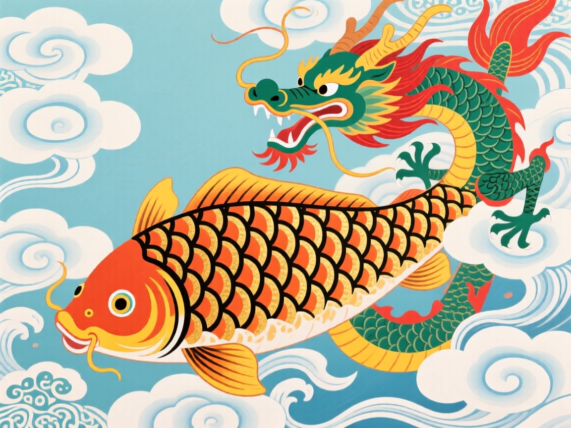 A giant koi transforming into a dragon as it leaps through the clouds.