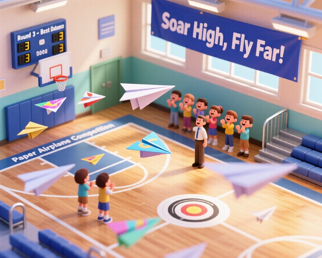 A paper airplane design competition in a school gymnasium, folded planes soaring across the room to cheers.