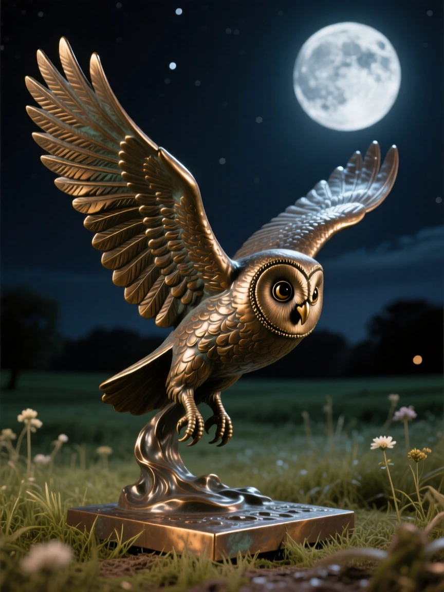 A majestic barn owl gliding silently over a moonlit field, with striking, expressive eyes, evoking wonder and majesty
