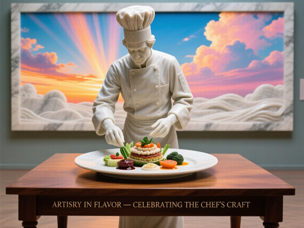 An evocative depiction of a chef plating a beautifully arranged dish, under a brilliant, colorful sky, balancing detail with emotional depth