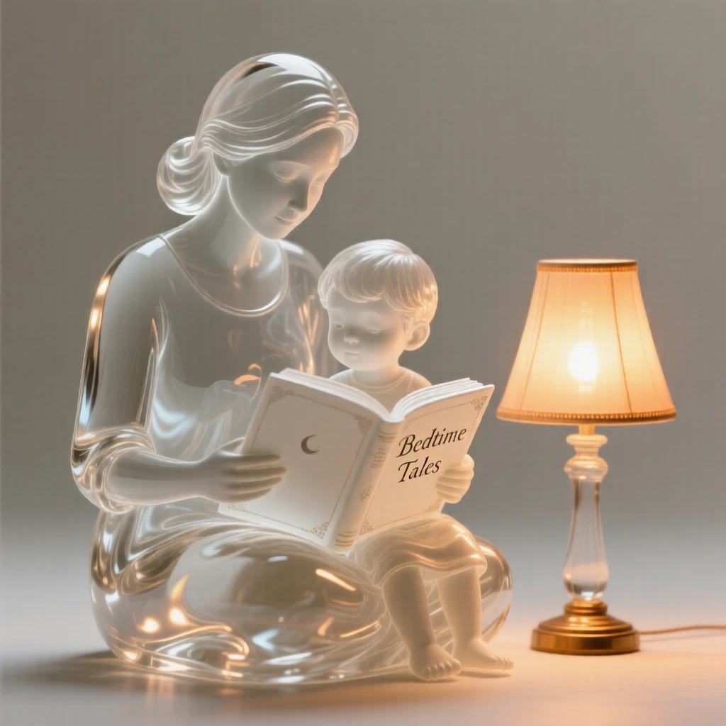 With warm light glowing softly in the background, a mother reading a bedtime story to her child by lamplight
