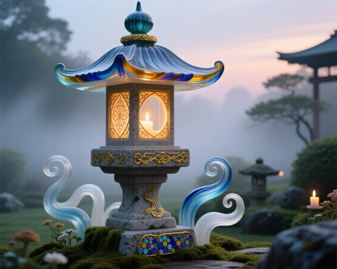 A grand stone lantern glowing softly in a misty Japanese garden at dusk, serene and timeless.