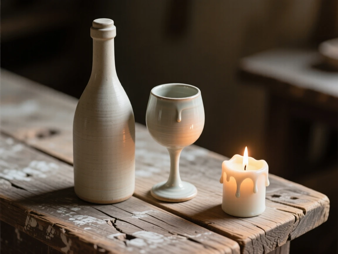 A wine bottle and glass beside a candle resting delicately atop a weathered surface, showing small, charming signs of age, radiating warmth and homely comfort.