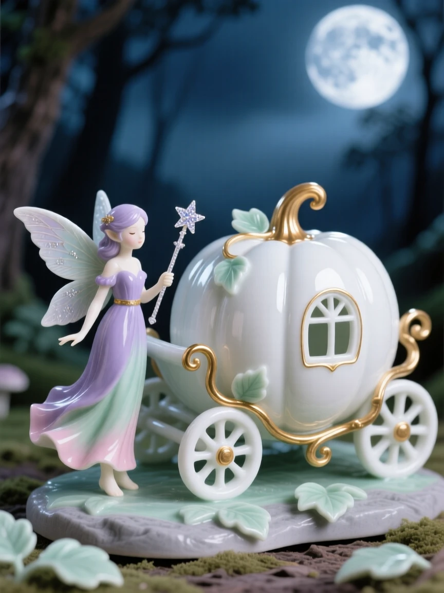 A whimsical scene of a tiny woodland fairy waving a sparkling wand over a pumpkin carriage in a moonlit fairy glen.