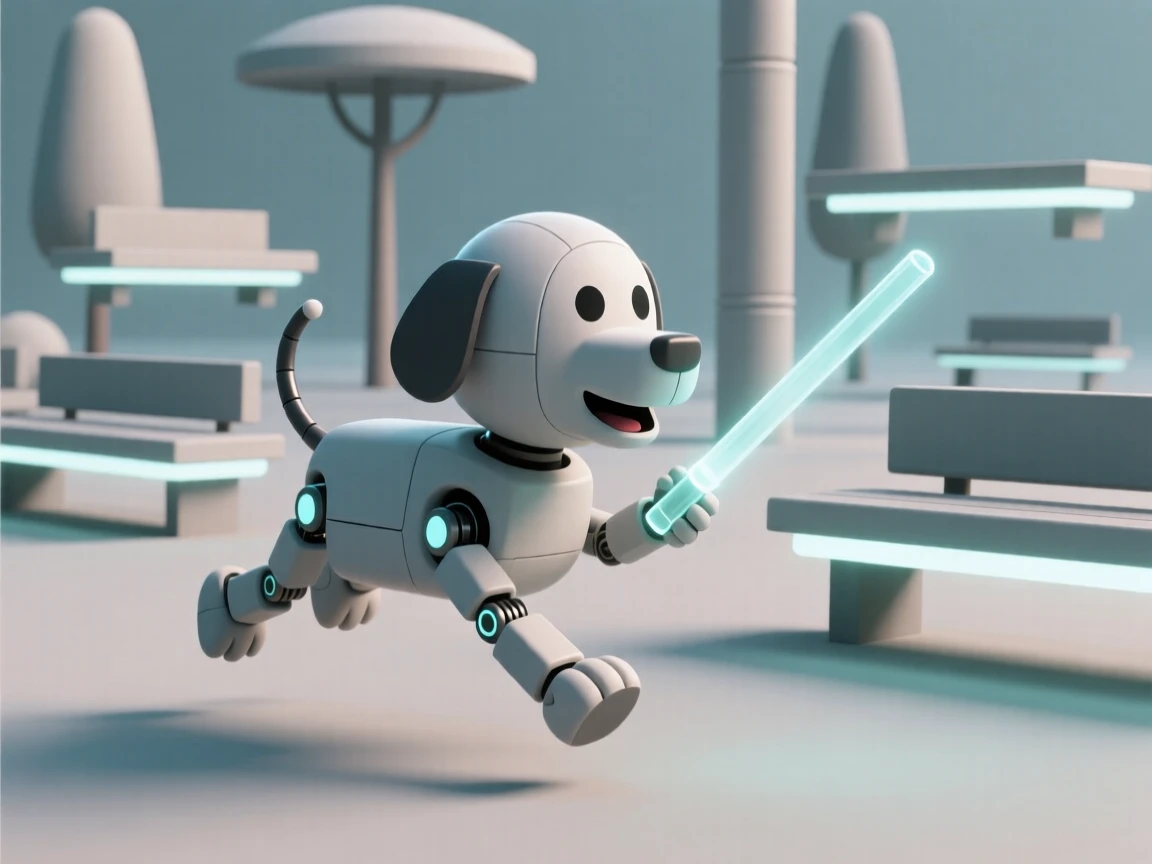 A playful robot dog fetches a stick made of light in a futuristic park filled with floating benches.