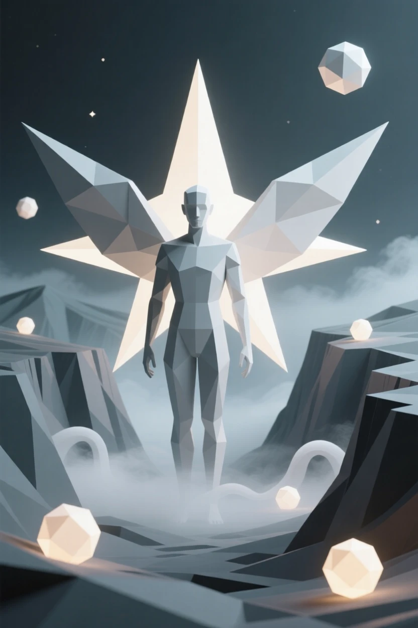 A celestial being with wings made of starlight, within a valley shrouded in enchanted mist. soft glowing light sources create dramatic highlights. A gentle, magical glow softens the scene.