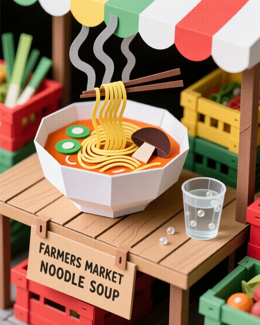 A steaming bowl of noodle soup arranged on a colorful farmers market stand, with condensation beading on a nearby glass, capturing indulgence and warmth.