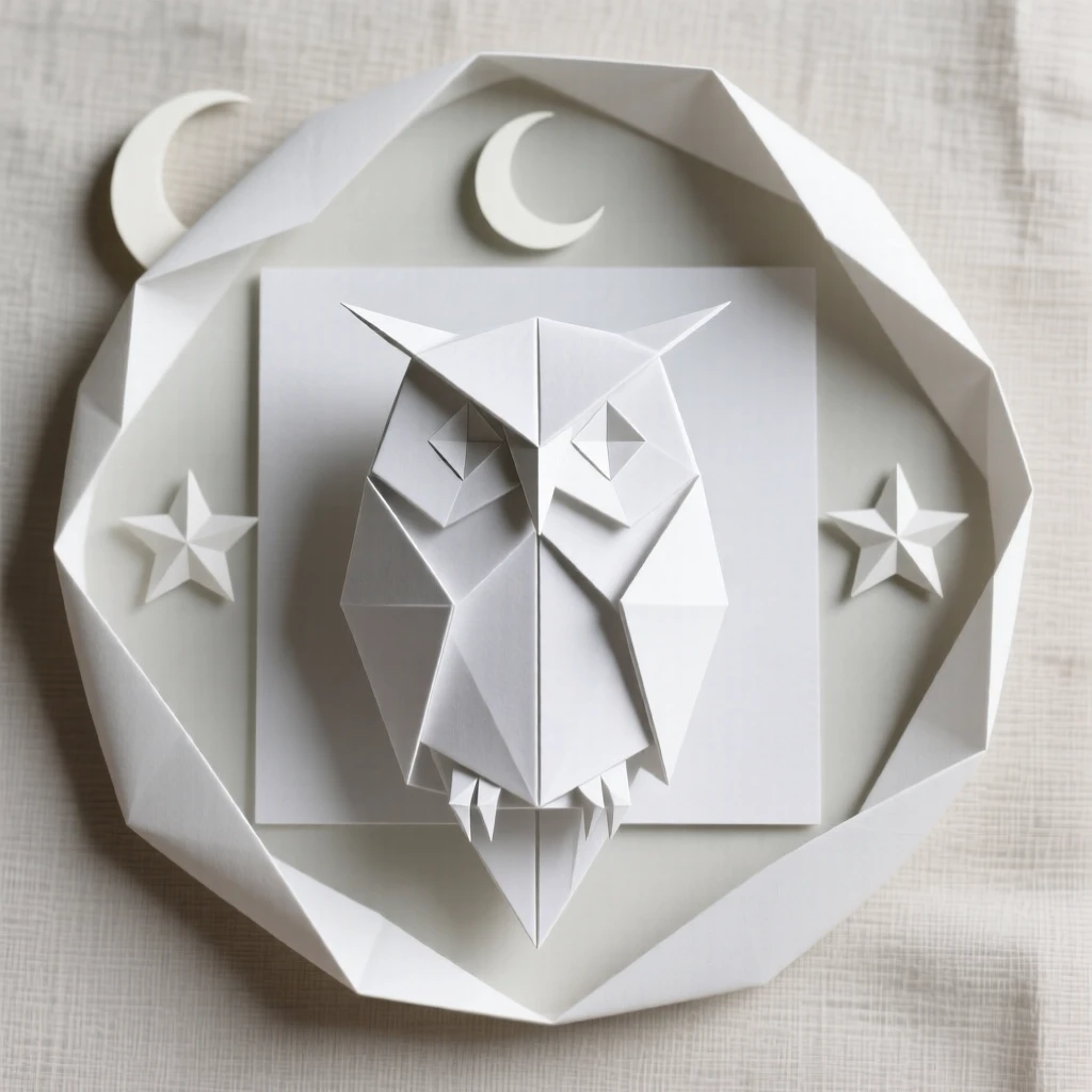 A stylized owl perched within a circular frame surrounded by moon and stars.