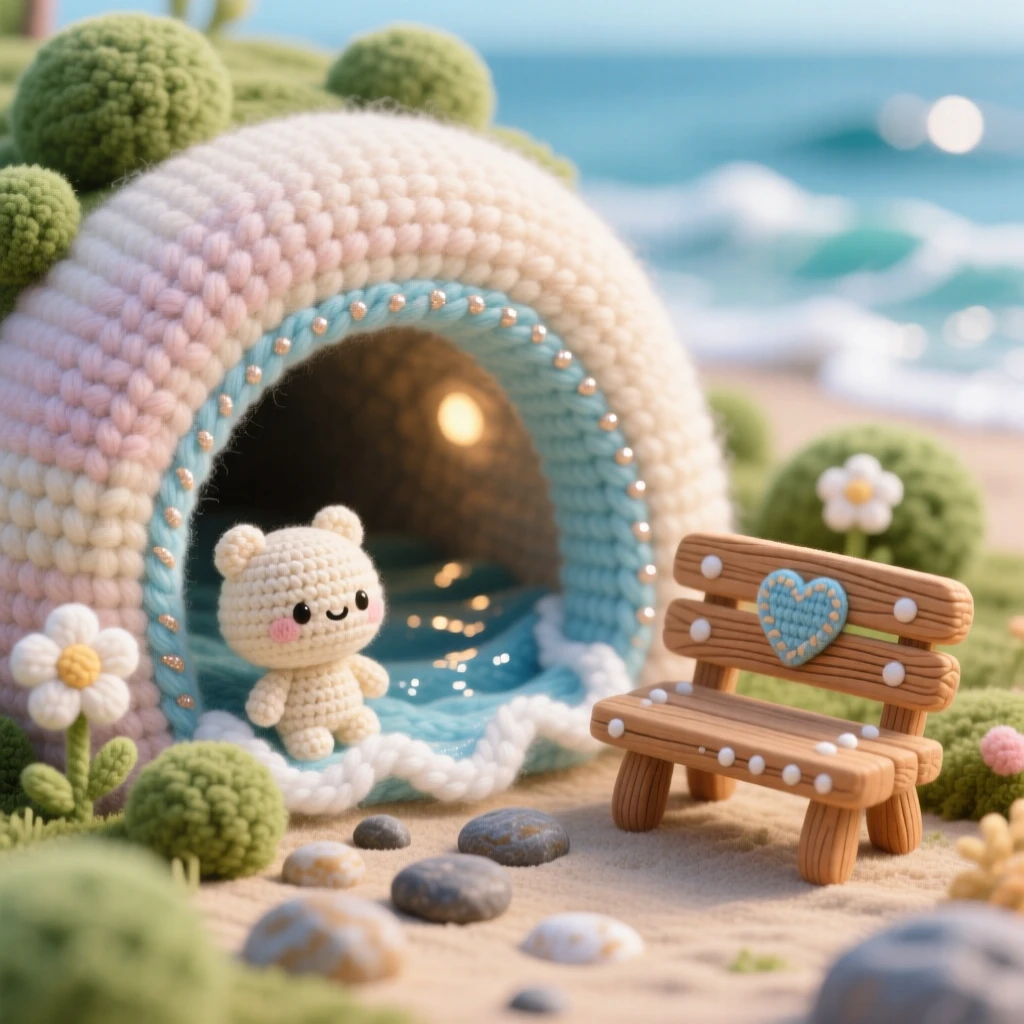 A picturesque scene featuring a small hidden cave by the sea, with gentle waves lapping at its entrance, glowing softly with reflected light at the edge of a quiet, untouched wilderness, accompanied by a single wooden bench resting nearby, capturing calm, restorative stillness.