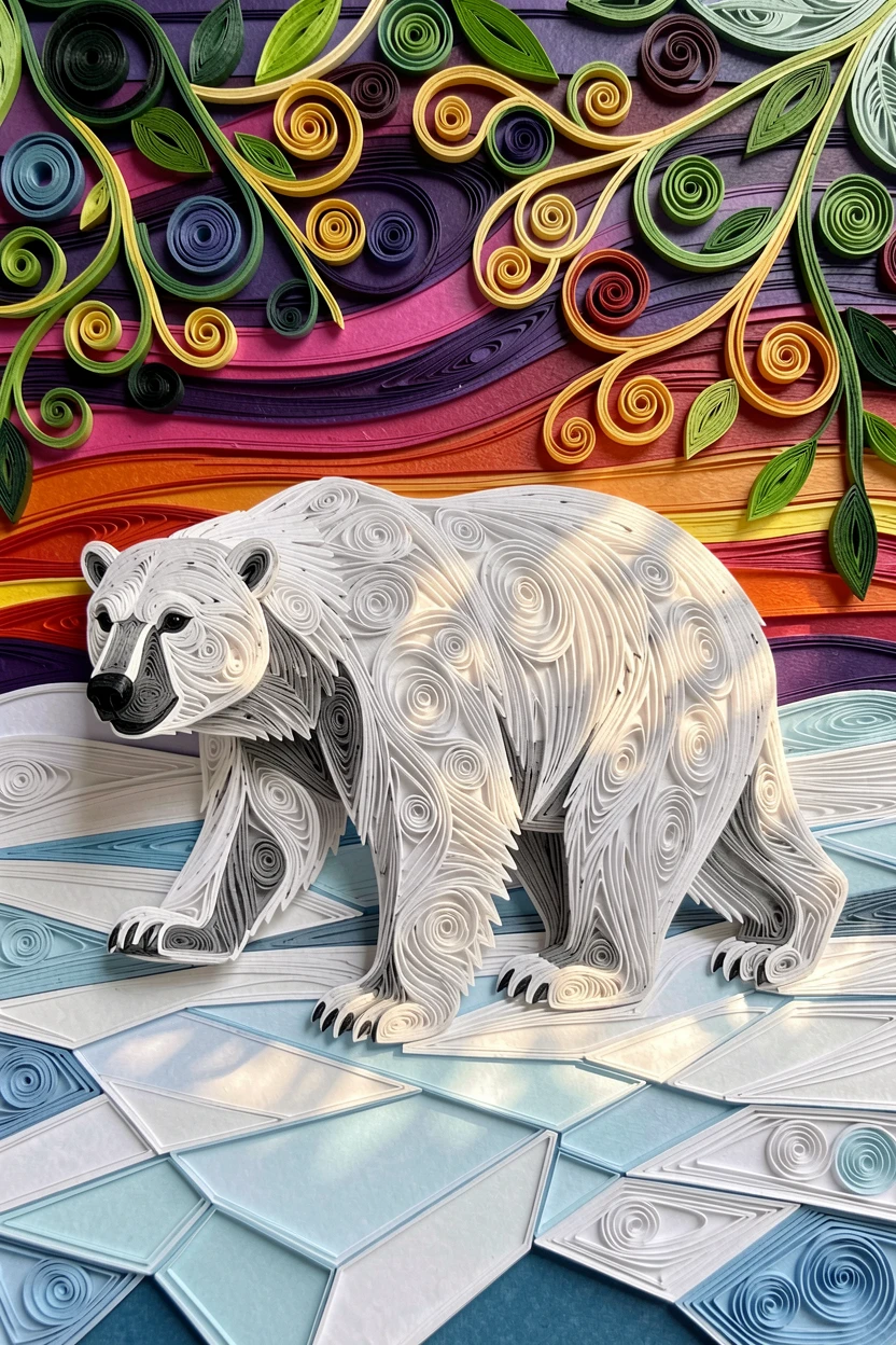 A striking wildlife scene of a polar bear walking across a vast icy landscape amid dappled light filtering through a leafy canopy, beneath a sky streaked with vivid color, captured in a quiet, still, contemplative moment.
