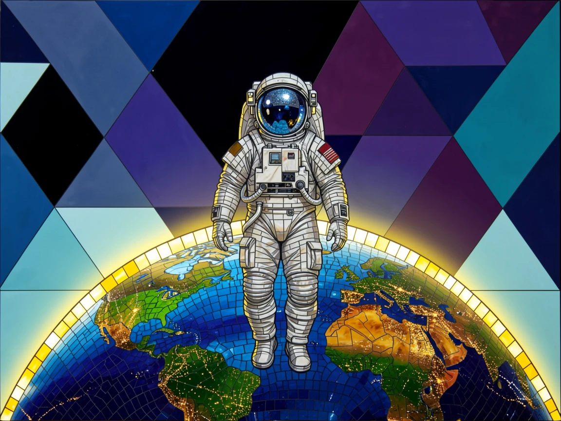 A lone astronaut floating above the glowing curve of earth, rendered in vivid deep color with luminous detail.