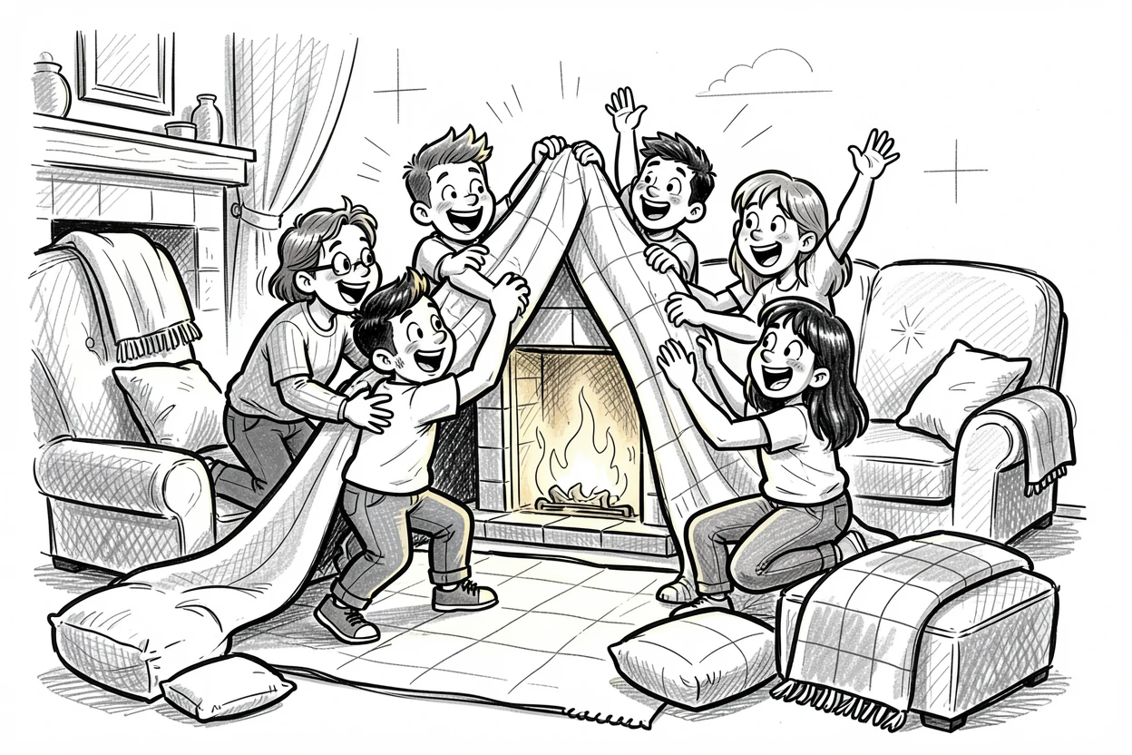 A group of friends building a blanket fort in a cozy living room by the fireplace.
