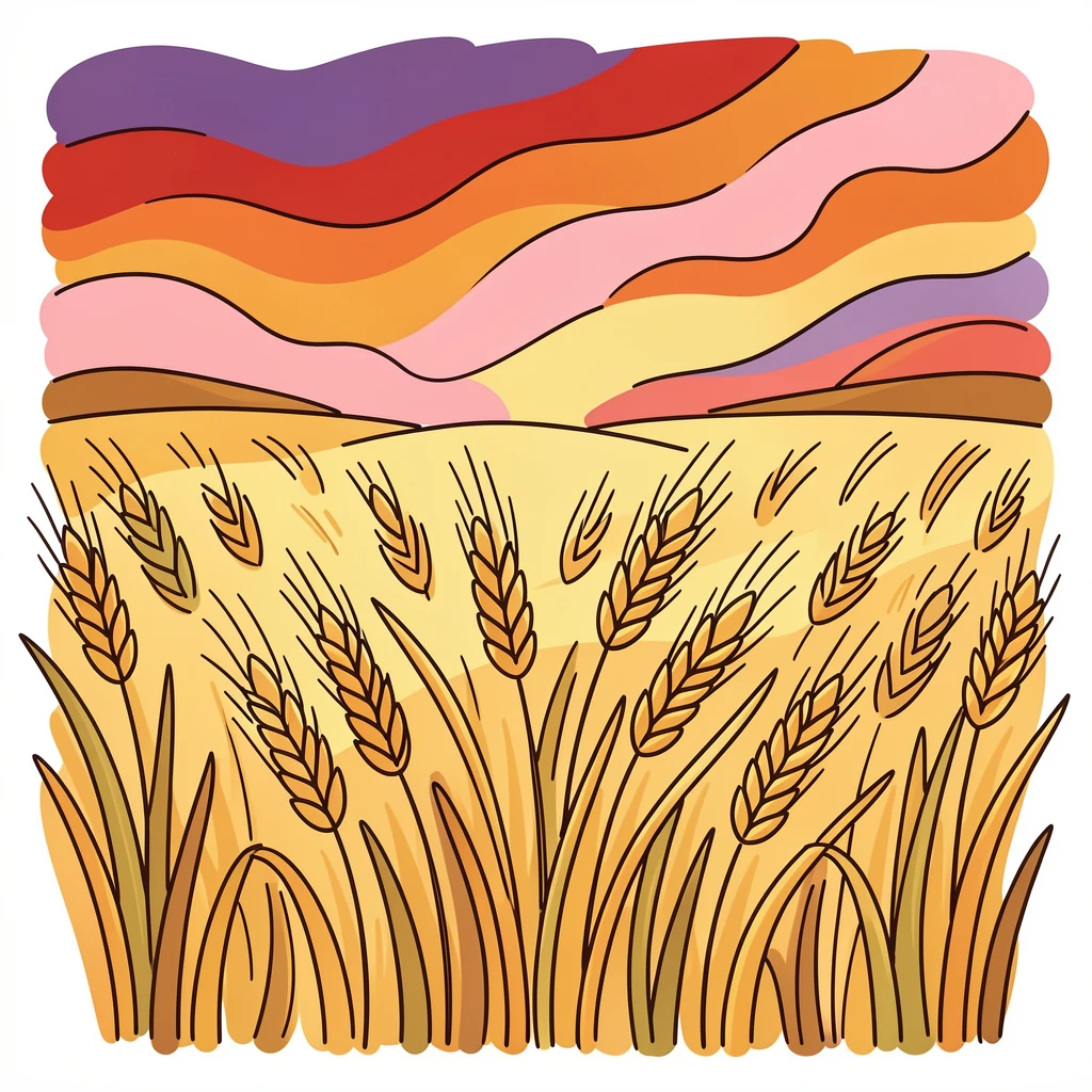 A field of golden wheat swaying beneath a dramatic sunset sky.