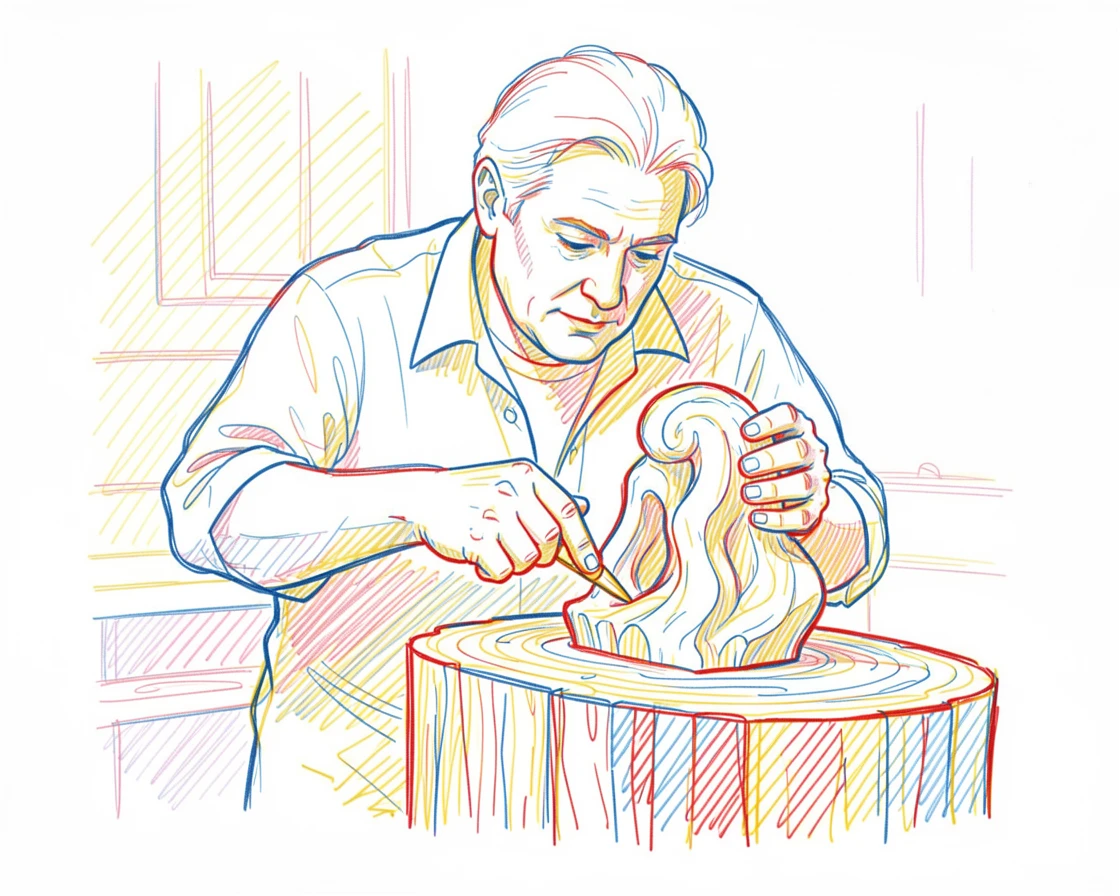 A woodworker carefully carving a detailed sculpture from a block of oak