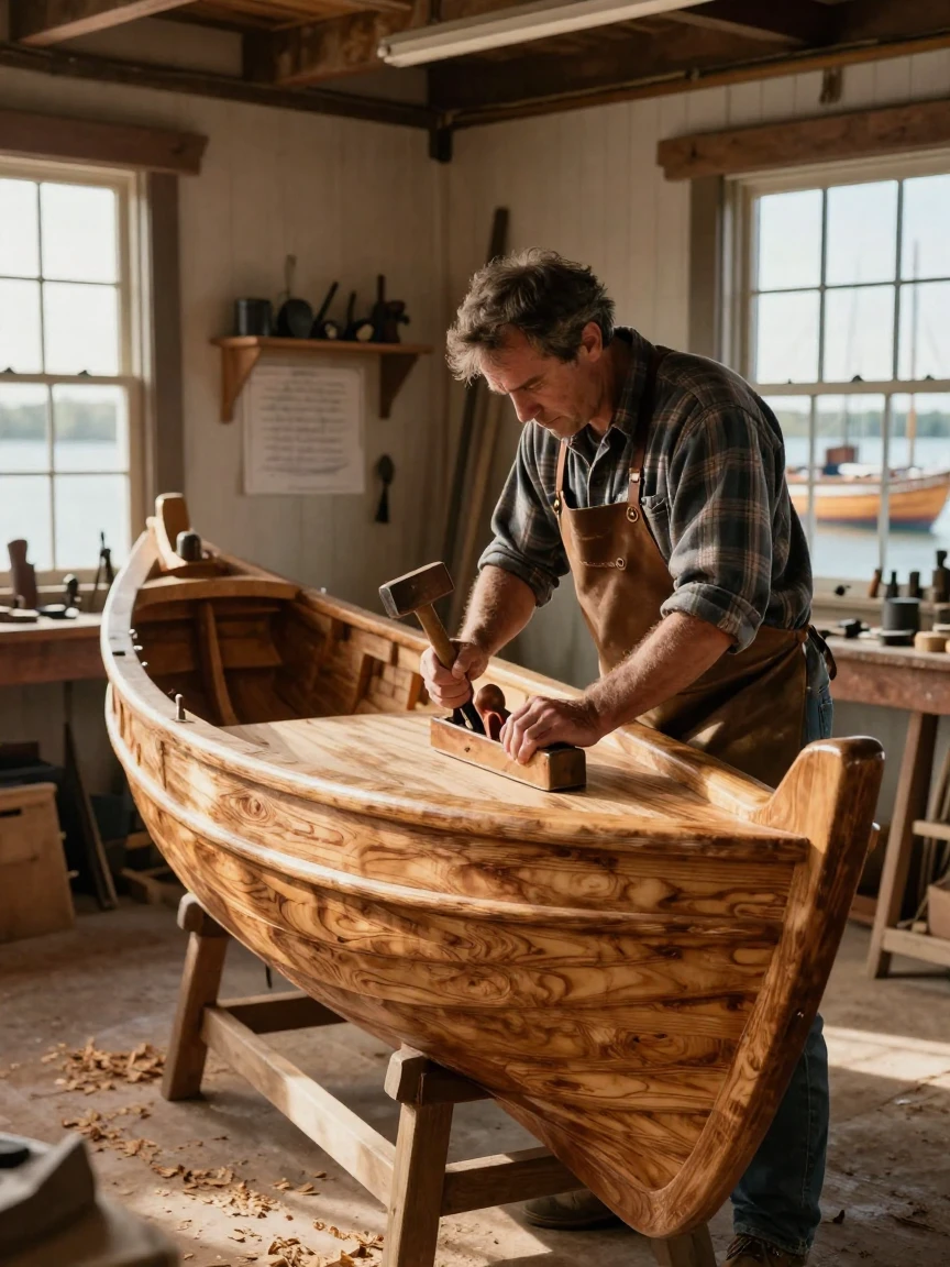 A traditional shipbuilder crafting a wooden hull by hand