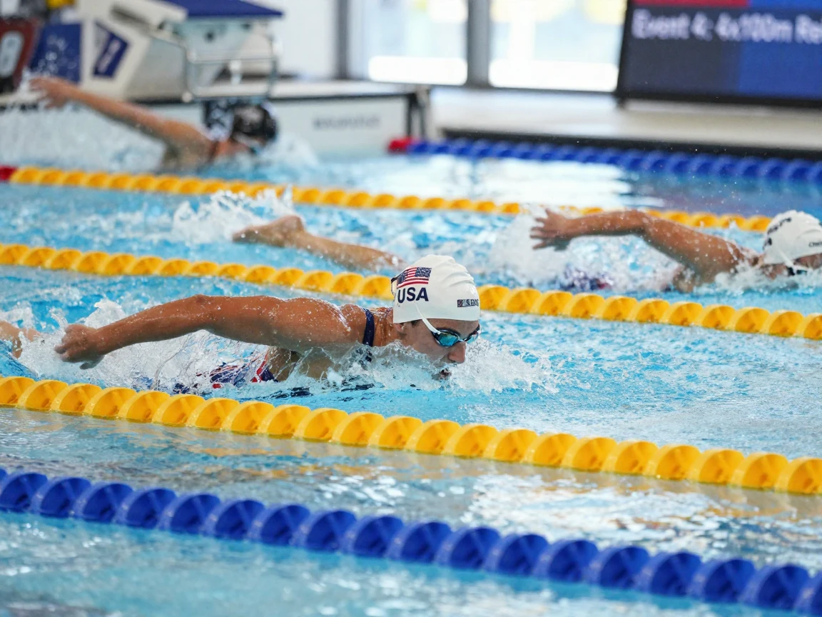 A swimmer breaks the surface of a pool mid-stroke during a competitive relay race.