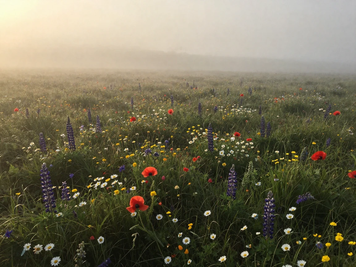 A quiet meadow scattered with wildflowers, stretching endlessly wrapped in a thick blanket of morning fog
