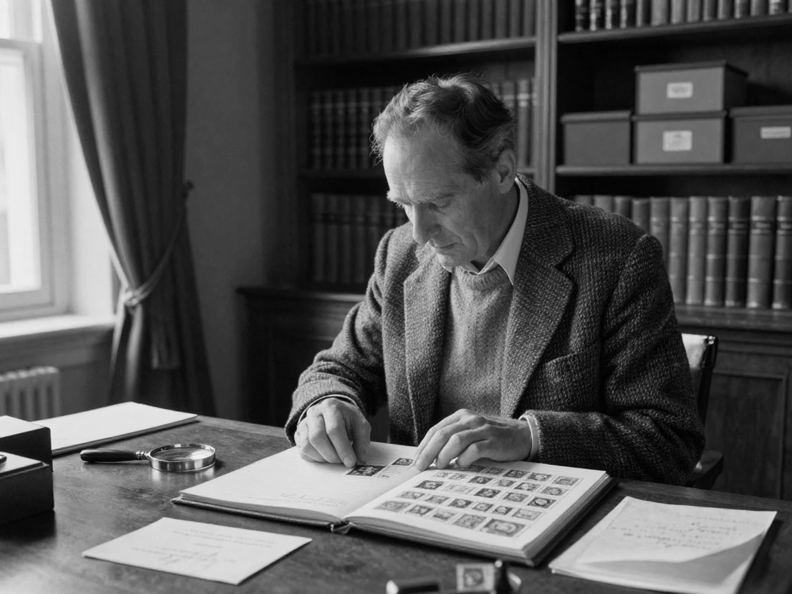 A stamp collector arranges a collection of rare stamps in a quiet study.