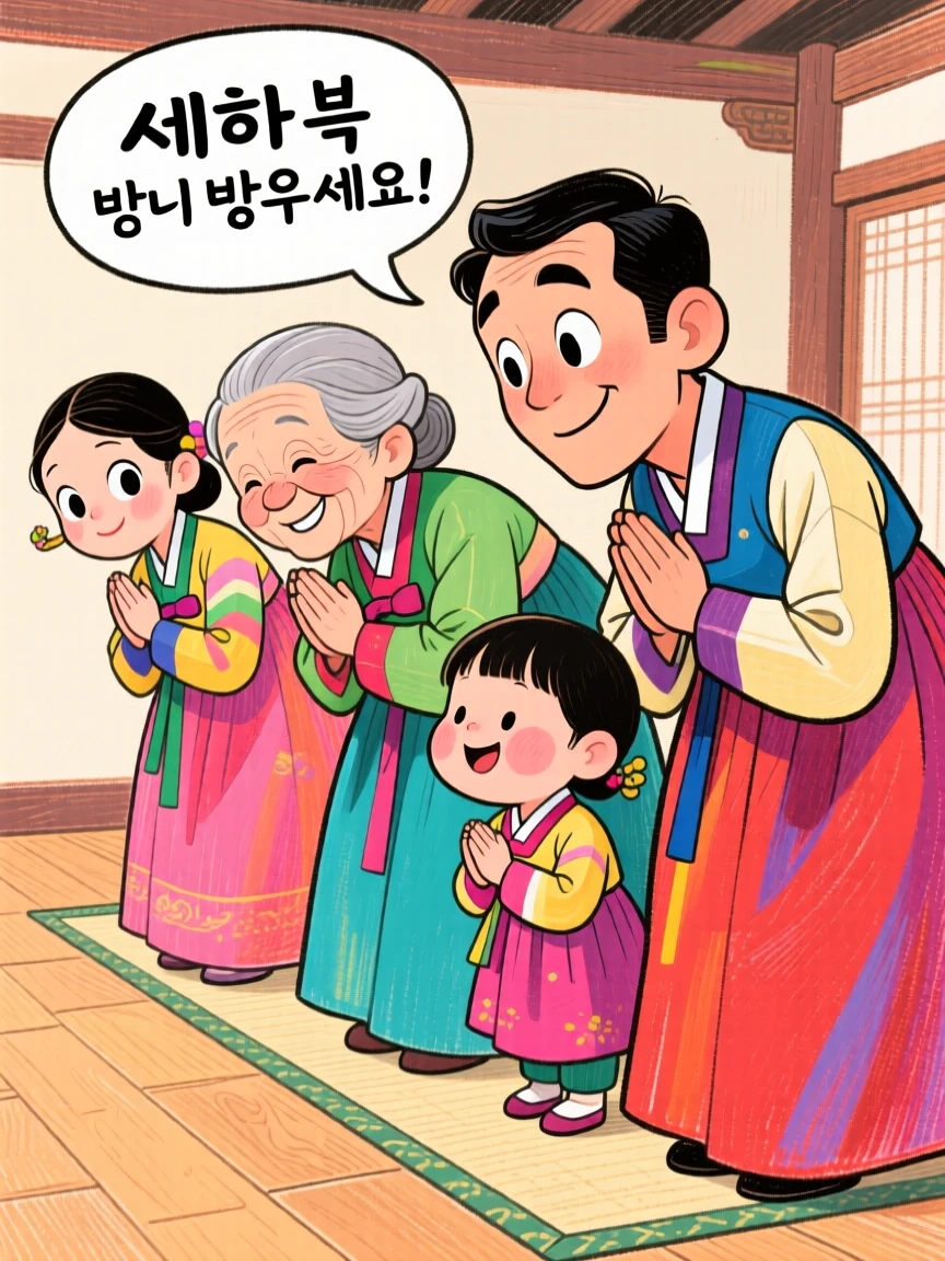 A Korean family bowing respectfully during a traditional Seollal New Year ceremony.
