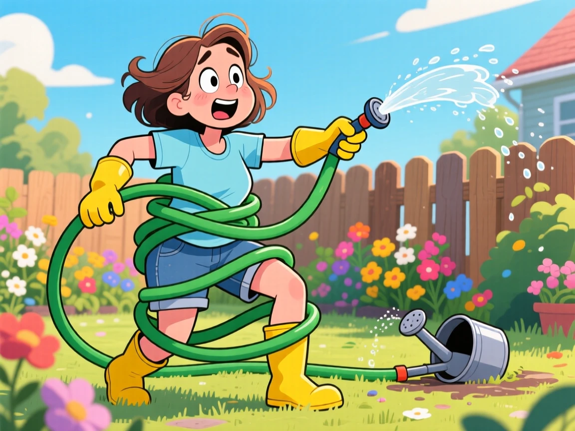 A funny expressive moment showing a new mom getting tangled up in a garden hose, with a sheepish grin afterward.