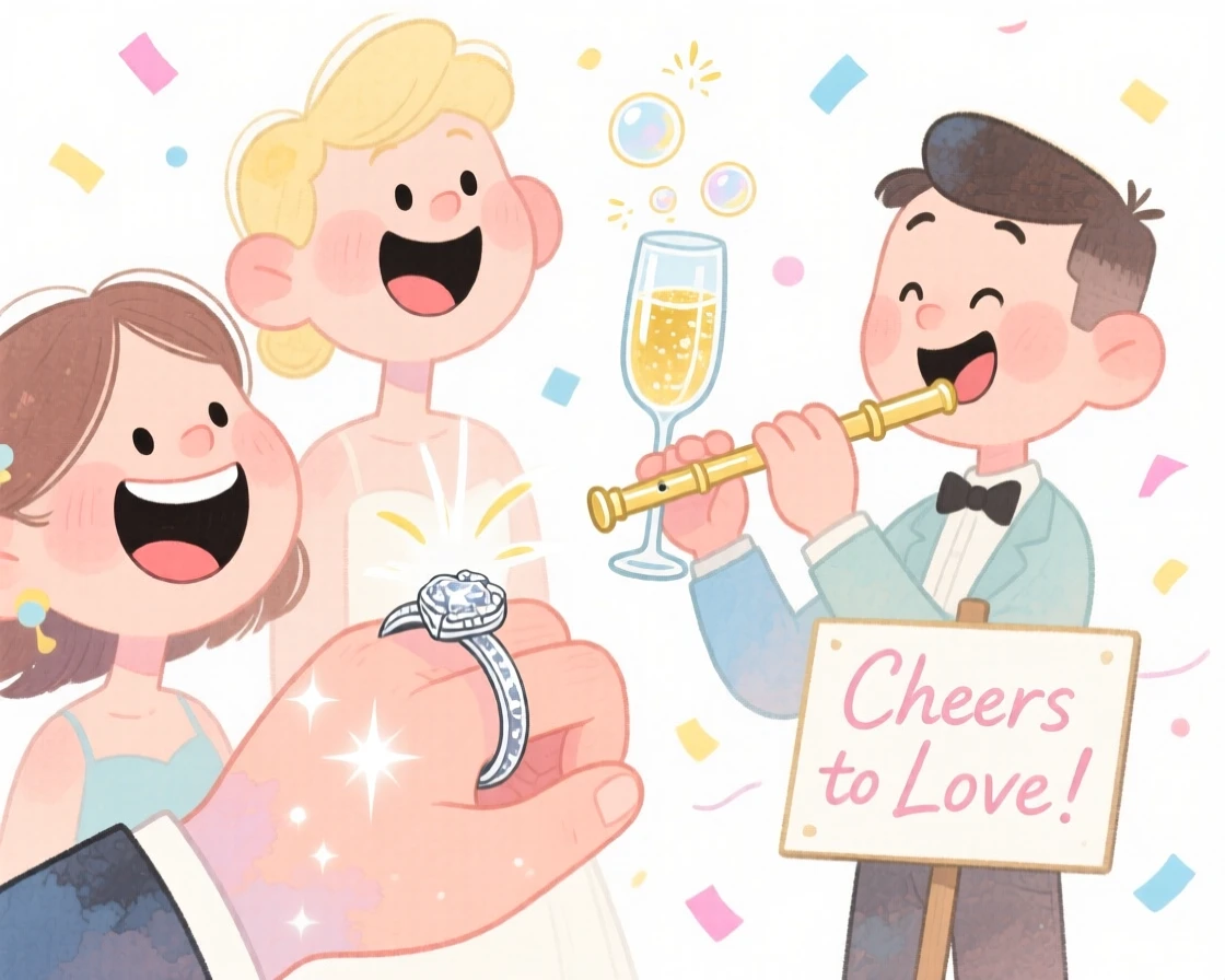 A joyful celebration scene of an engagement celebration with a sparkling ring and champagne, sparkling with celebratory energy