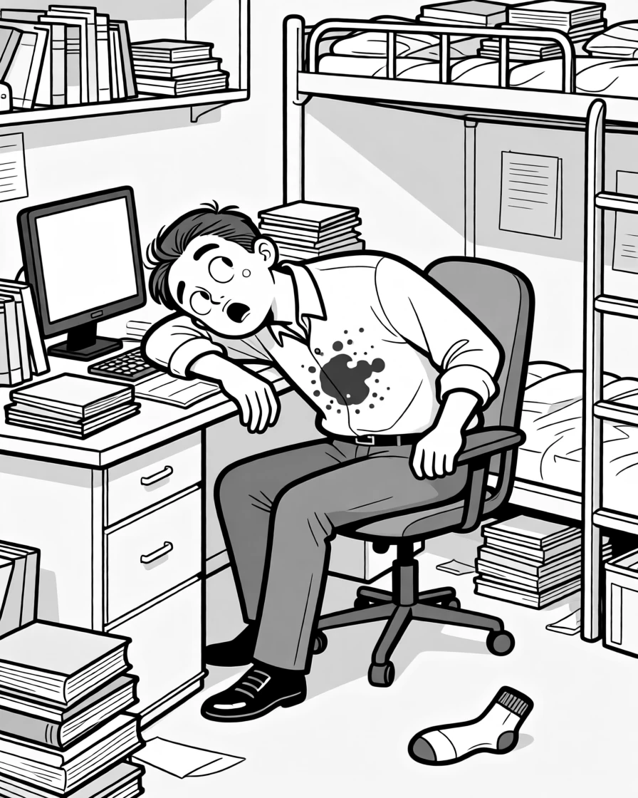 A office worker asleep at his desk with a coffee stain on his shirt, ducking dramatically the instant eye contact is made, set in a cramped, book-covered dorm room. A single sock lies abandoned nearby. There's a warm, self-deprecating humor to the moment.