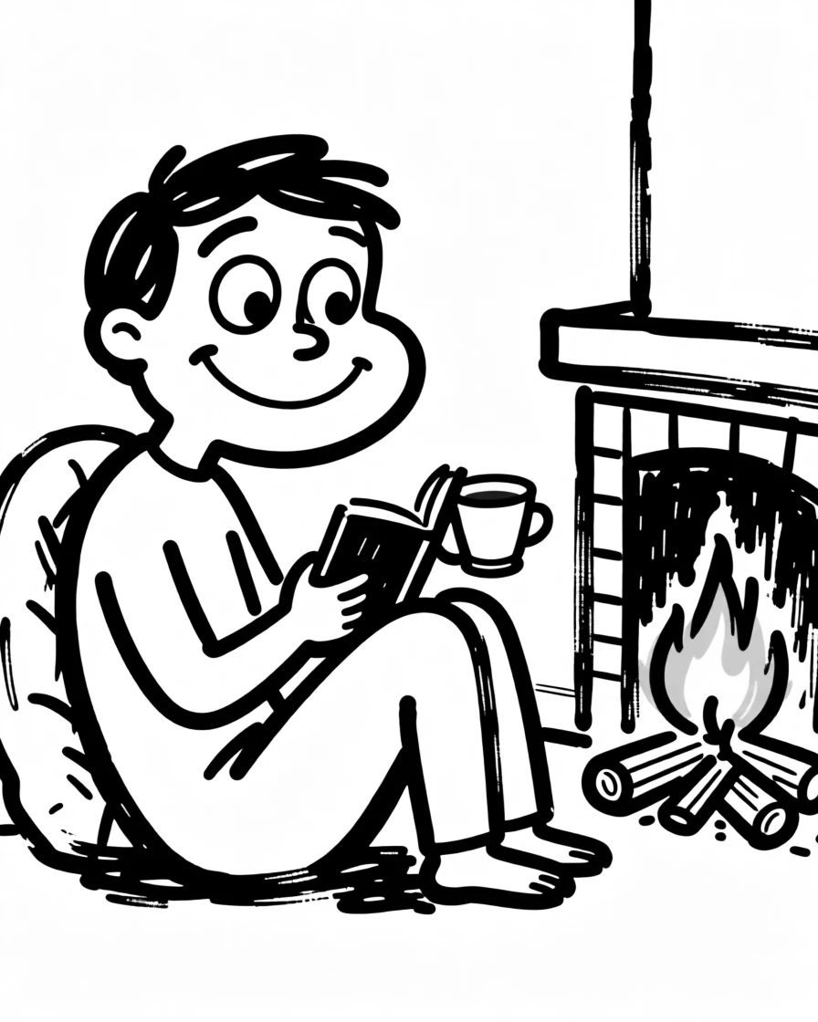 A person curled up with a book and a cup of tea by a crackling fireplace.
