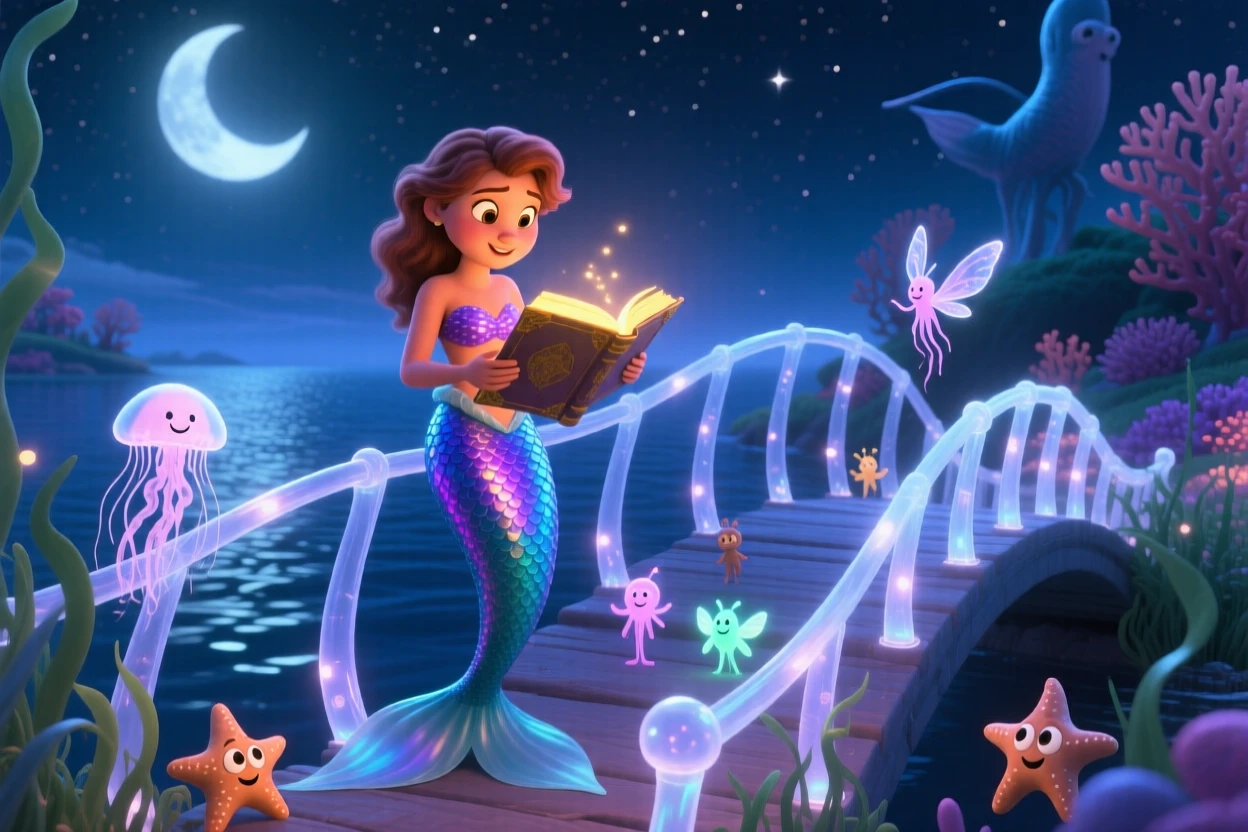 A mermaid with shimmering scales stands on a bridge made of glowing moonlight, reading from an ancient glowing book. The mood is enchanting, hopeful, and dreamlike, with small creatures peeking out curiously nearby.