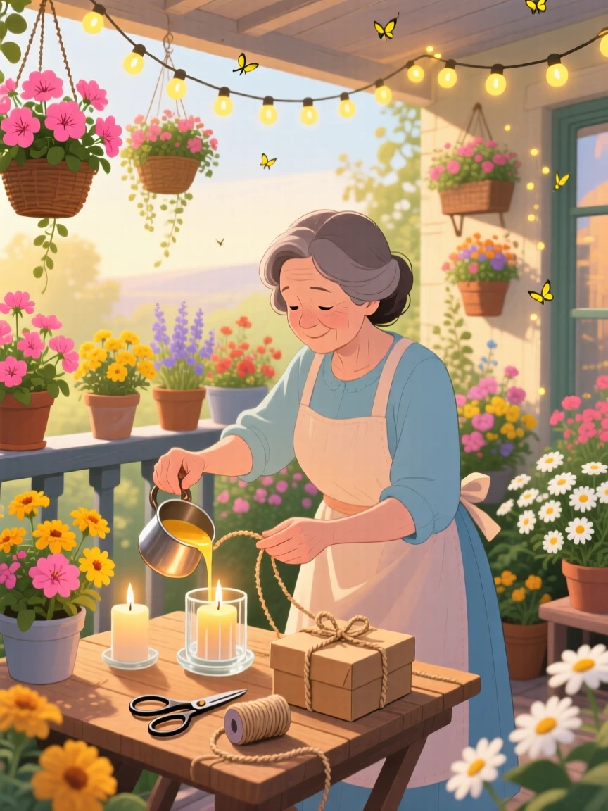 In a flower-filled balcony, a candle maker pouring warm wax is busy wrapping a gift in brown paper and string, while string lights twinkle overhead.