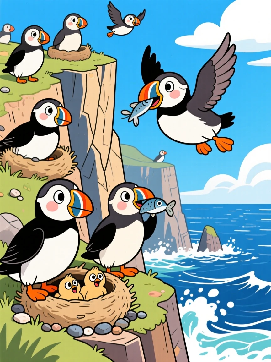 A puffin colony nesting on dramatic sea cliffs.
