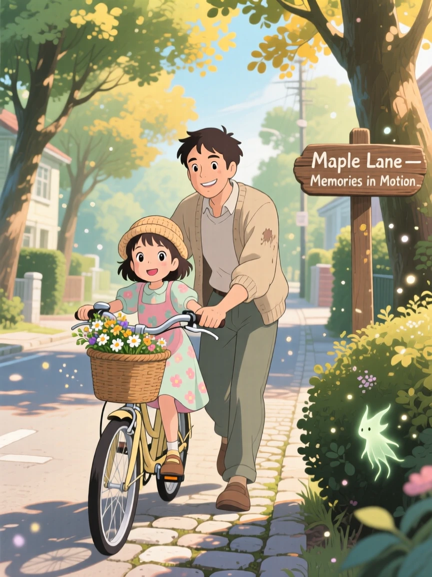 A father teaching his daughter to ride a bicycle, the scene glowing with togetherness.