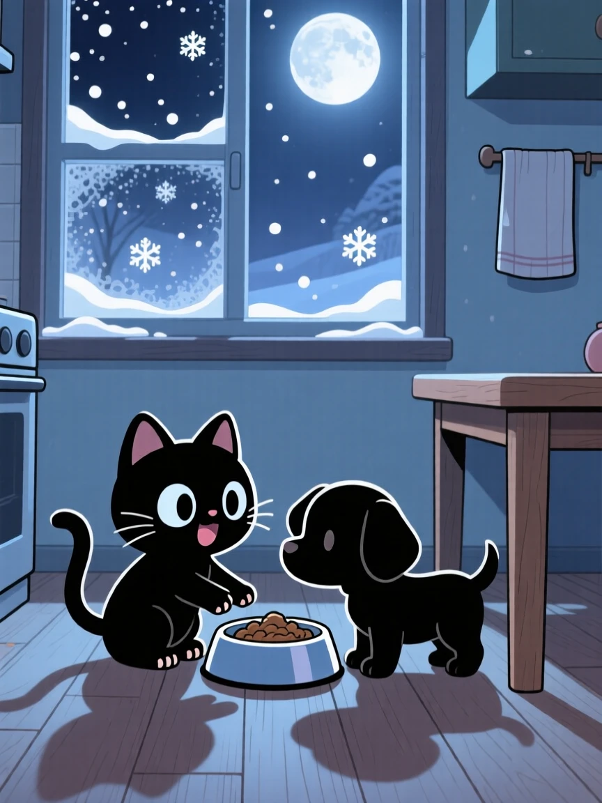 In a cozy kitchen corner, a kitten and a puppy are sharing a single food bowl amid softly falling snow, bathed in soft moonlight, expression full of curious excitement. Shot as a silhouette composition.