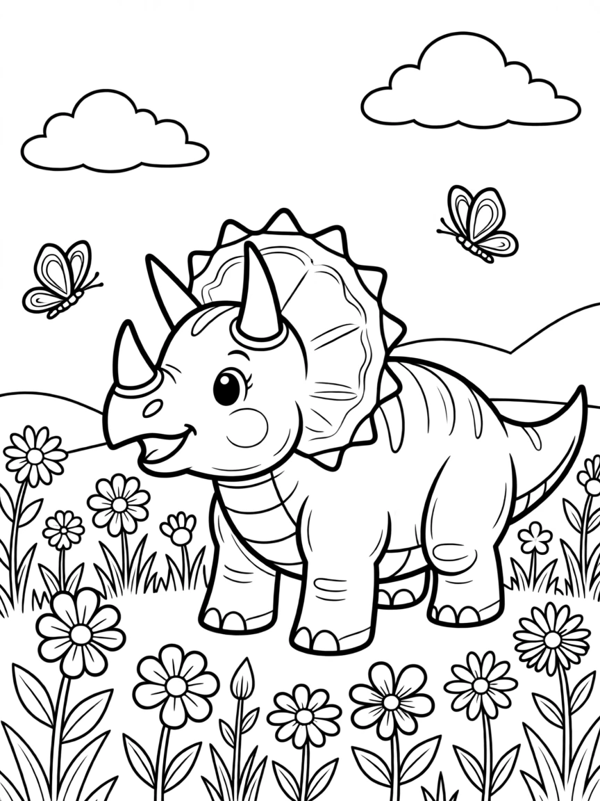 A baby Triceratops playing with butterflies in a meadow