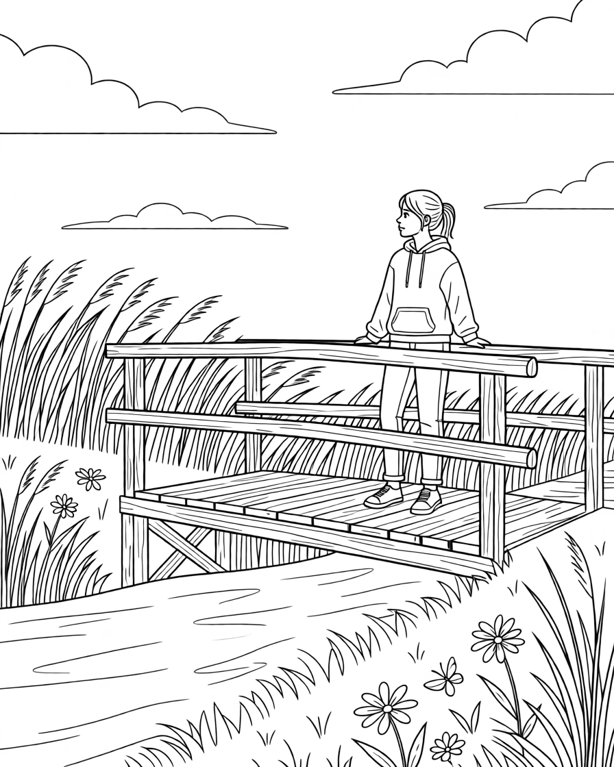 A field of tall grass rippling in the wind under a wide sky, with a small wooden bridge crossing a stream nearby.