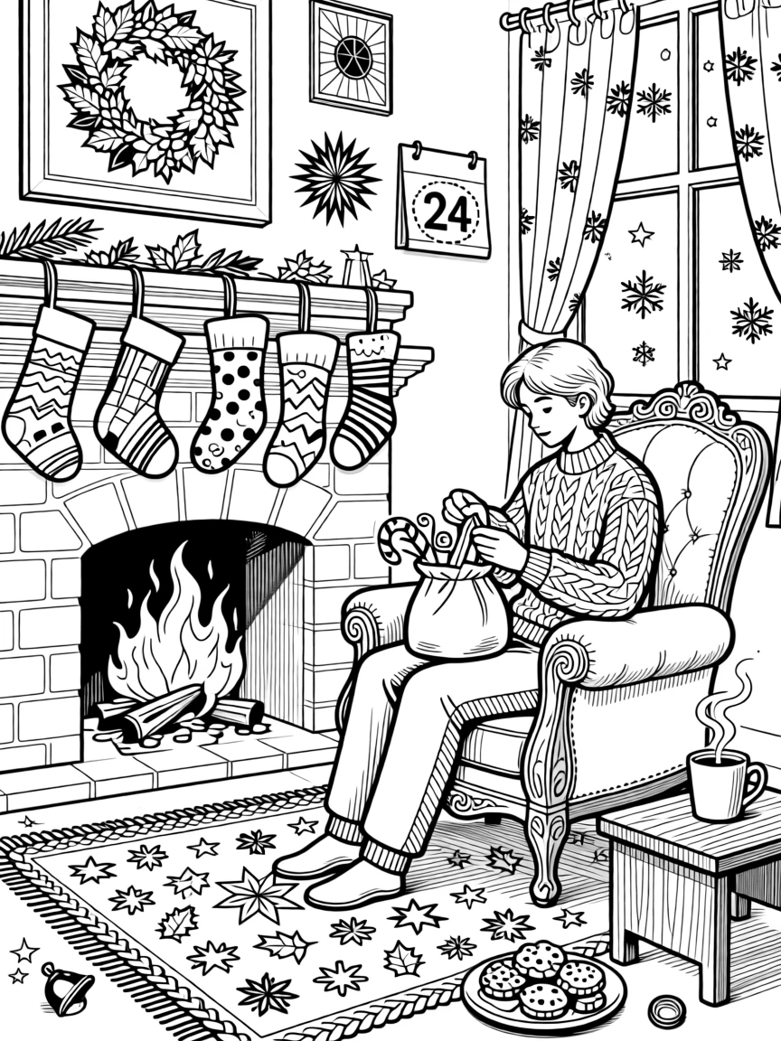 A cozy Christmas stocking-stuffing scene beside a glowing fireplace.