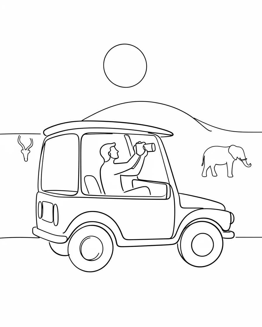 A traveler photographing wildlife from a safari jeep at dawn