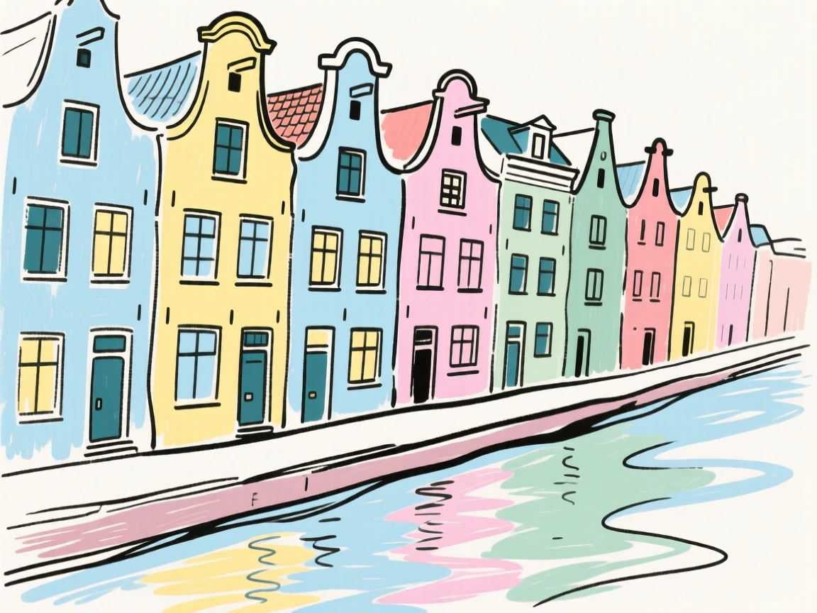 A row of colorful houses lining a canal in Amsterdam.