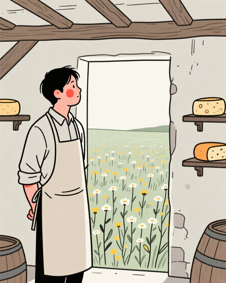 A cheesemaker in a rustic cellar, gazing thoughtfully into the distance, in a field of wildflowers.