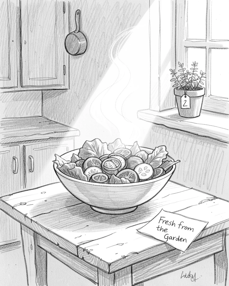 An appetizing still life of a bowl of fresh garden salad in a cozy farmhouse kitchen, with steam rising gently into the light.