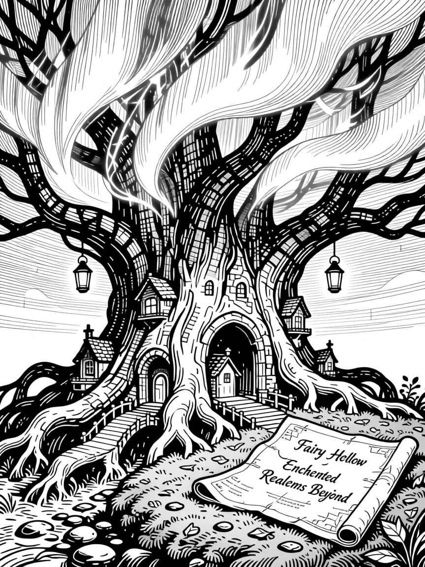 A hidden fairy village nestled in tree roots under a sky streaked with aurora light, with an old map unfurled nearby, forming a majestic and mythical fantasy scene.