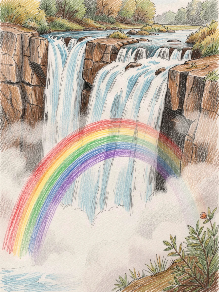 A thundering waterfall framed by a rainbow in the mist, with rich, inviting textures throughout the scene, evoking nostalgia and a deep sense of contentment.