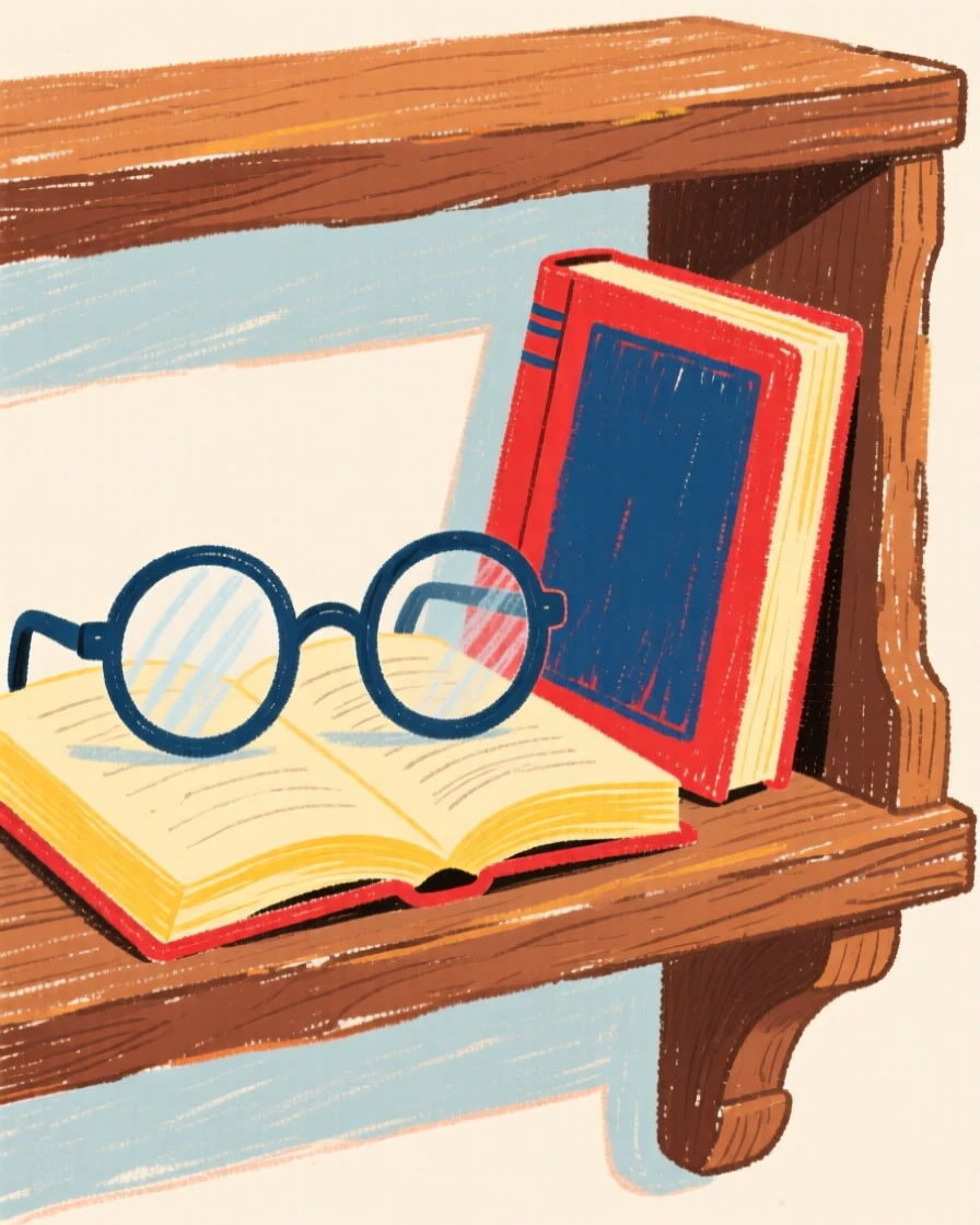 A pair of reading glasses beside a novel displayed on an antique shelf.