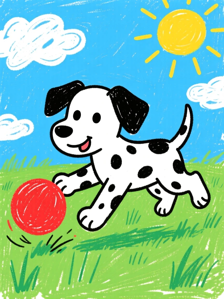 A spotted dalmatian puppy fetching a rubber ball across the lawn.