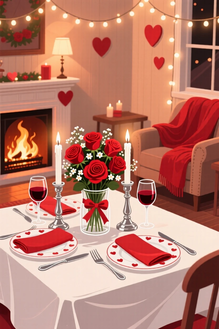 A Valentine's Day table set with roses and candlelight, set within a cozy home filled with festive cheer, arranged with joyful energy and dynamic movement, with a joyful sense of togetherness and celebration.